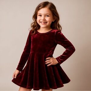 Girls Crushed Velvet Burgundy Long Sleeve Dress 2T